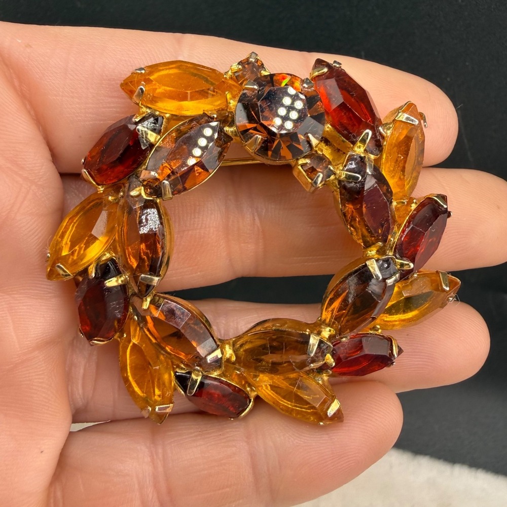 Vintage Rhinestone Brooch Gold Tone‎ Fall Autumn Orange Red Well Made Open Back